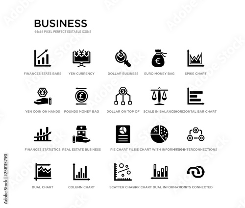 set of 20 black filled vector icons such as points connected chart, item interconnections, horizontal bar chart, spike chart, bar dual information, scatter yen coin on hands, euro money bag, dollar