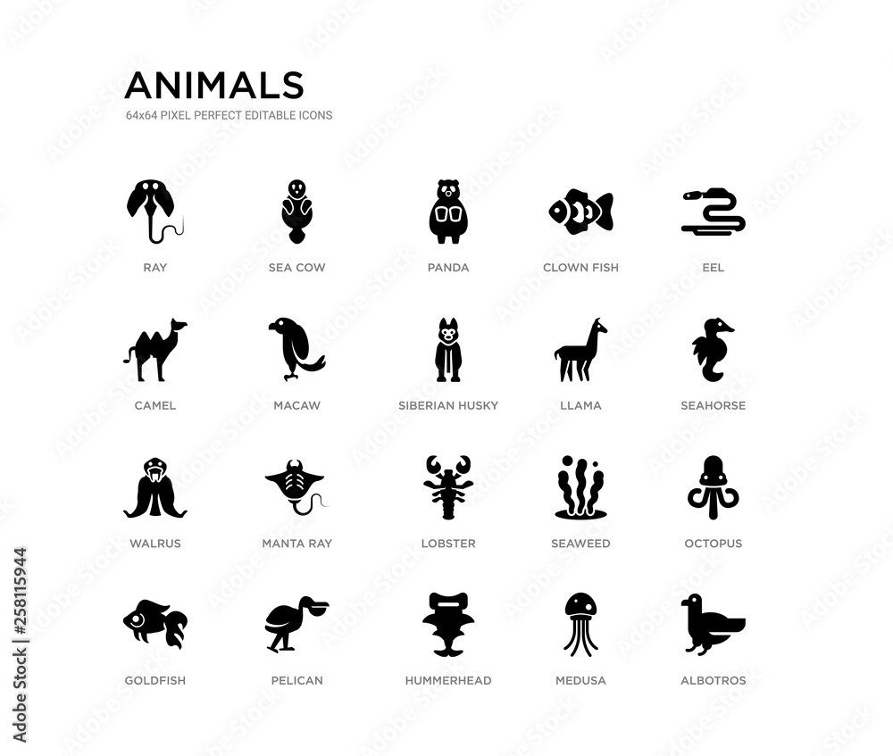 set of 20 black filled vector icons such as albotros, octopus, seahorse, eel, medusa, hummerhead, camel, clown fish, panda, sea cow. animals black icons collection. editable pixel perfect
