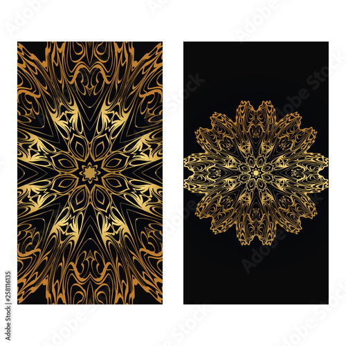 Luxury black gold color Templates For Greeting And Business Cards. Vector Illustration. Oriental Pattern With. Mandala. Wedding Invitation.