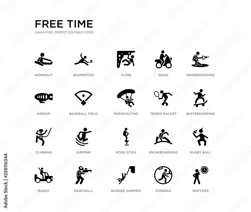 set of 20 black filled vector icons such as watches, rugby ball, skateboarding, wakeboarding, zorbing, bungee jumping, airship, quad, climb, badminton. free time black icons collection. editable
