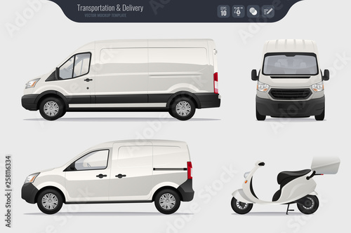 Vector template with detailed cargo van and scooter. Isolated realistic cargo truck and van on gray background. Vector