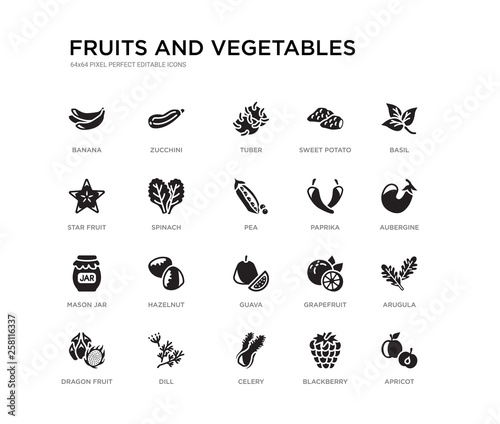 set of 20 black filled vector icons such as apricot, arugula, aubergine, basil, blackberry, celery, star fruit, sweet potato, tuber, zucchini. fruits and vegetables black icons collection. editable