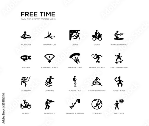 set of 20 black filled vector icons such as watches, rugby ball, skateboarding, wakeboarding, zorbing, bungee jumping, airship, quad, climb, badminton. free time black icons collection. editable © Meth Mehr