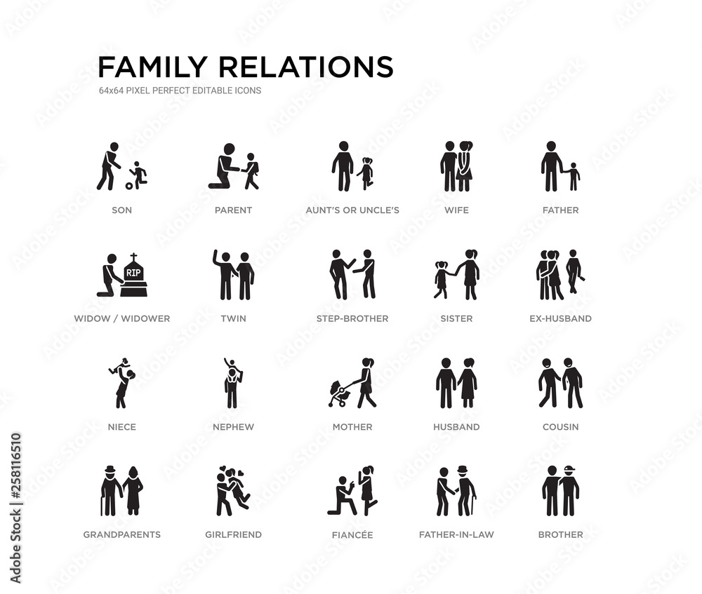 set of 20 black filled vector icons such as brother, cousin, ex-husband ...
