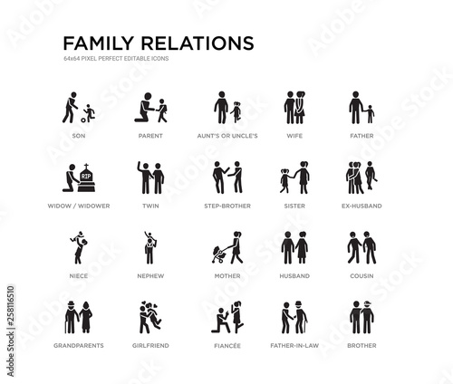 set of 20 black filled vector icons such as brother, cousin, ex-husband, father, father-in-law, fiancée, widow / widower, wife, aunt's or uncle's child, parent. family relations black icons