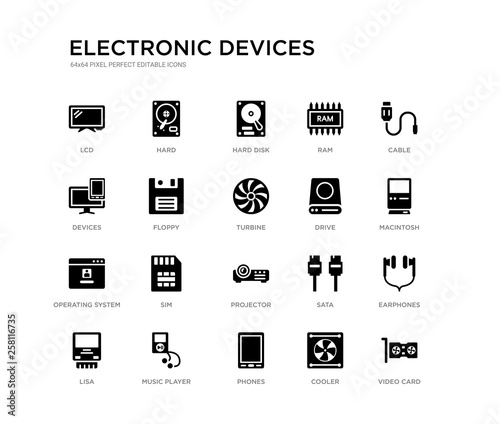 set of 20 black filled vector icons such as video card, earphones, macintosh, cable, cooler, phones, devices, ram, hard disk, hard. electronic devices black icons collection. editable pixel perfect