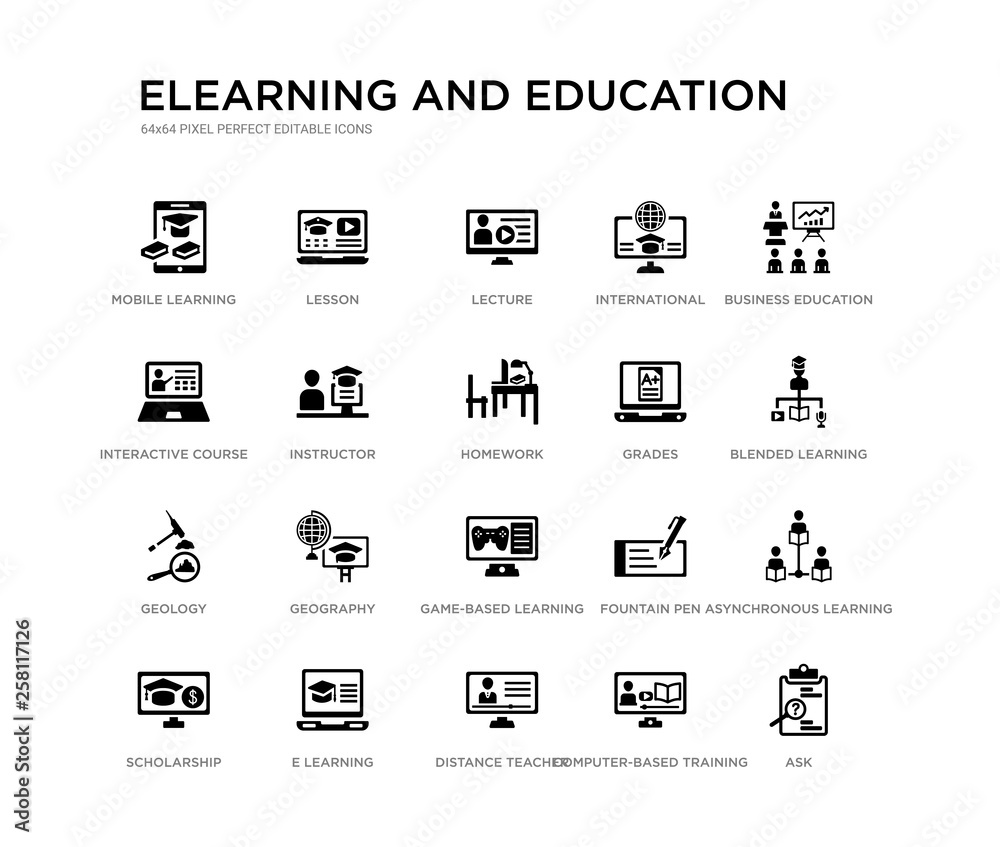 set of 20 black filled vector icons such as ask, asynchronous learning, blended learning, business education, computer-based training, distance teacher, interactive course, international, lecture,