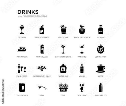 set of 20 black filled vector icons such as juice bottle, latte, lemon juice, liquor, mai thai, pub, pisco sour, planter's punch, mint julep, ramos gin fizz. drinks black icons collection. editable