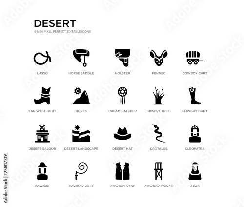 set of 20 black filled vector icons such as arab, cleopatra, cowboy boot, cowboy cart, cowboy tower, vest, far west boot, fennec, holster, horse saddle. desert black icons collection. editable pixel