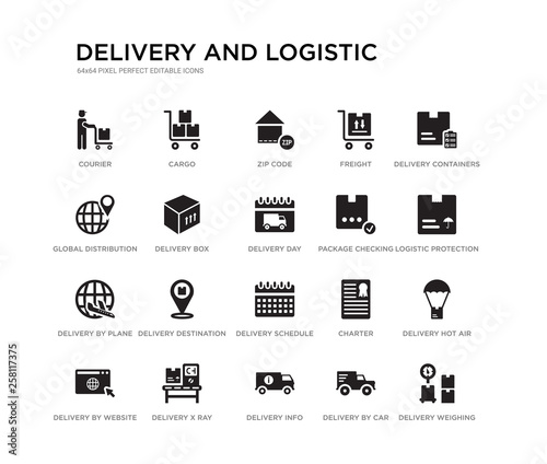 set of 20 black filled vector icons such as delivery weighing, delivery hot air balloon, logistic protection, delivery containers, by car, info, global distribution, freight, zip code, cargo. and