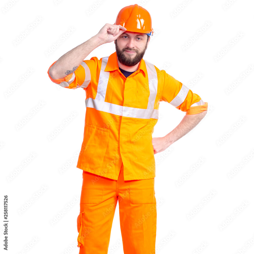 Man worker road constructor smiling looking on white background isolation Man worker road constructor smiling looking on white background isolation