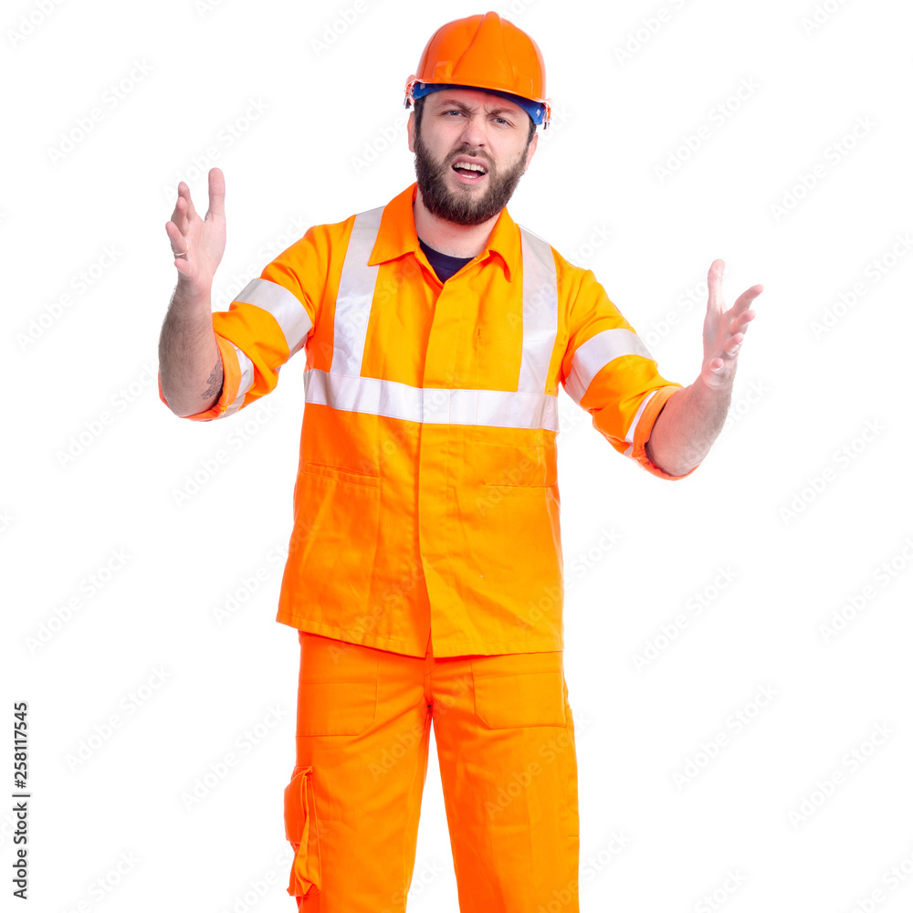 Man worker road constructor looking screaming angry on white background isolation
