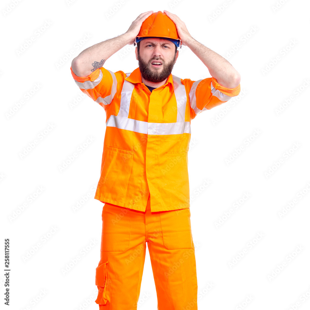 Man worker road constructor looking screaming angry on white background isolation Man worker road constructor looking screaming angry on white background isolation