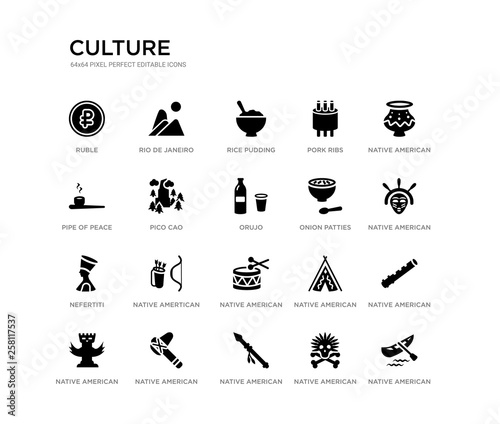 set of 20 black filled vector icons such as native american canoe, native american flute, native american mask, pot, skull, spear, pipe of peace, pork ribs, rice pudding, rio de janeiro. culture