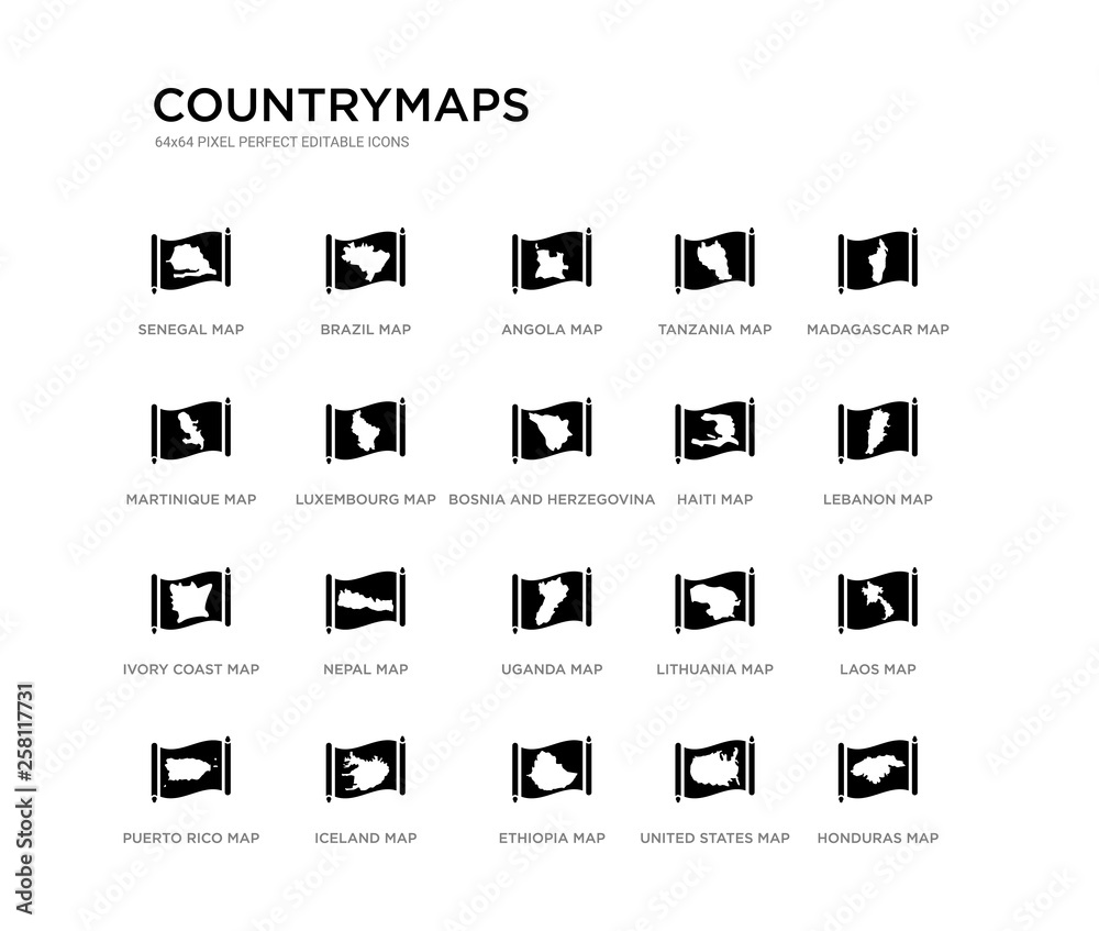 set of 20 black filled vector icons such as honduras map, laos map, lebanon map, madagascar united states ethiopia martinique tanzania angola brazil countrymaps black icons collection. editable