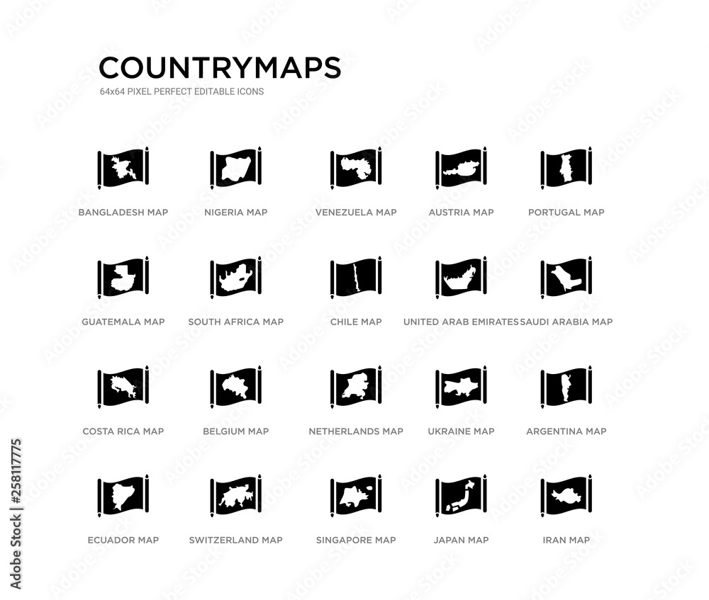 set of 20 black filled vector icons such as iran map, argentina map, saudi arabia map, portugal japan singapore guatemala austria venezuela nigeria countrymaps black icons collection. editable pixel