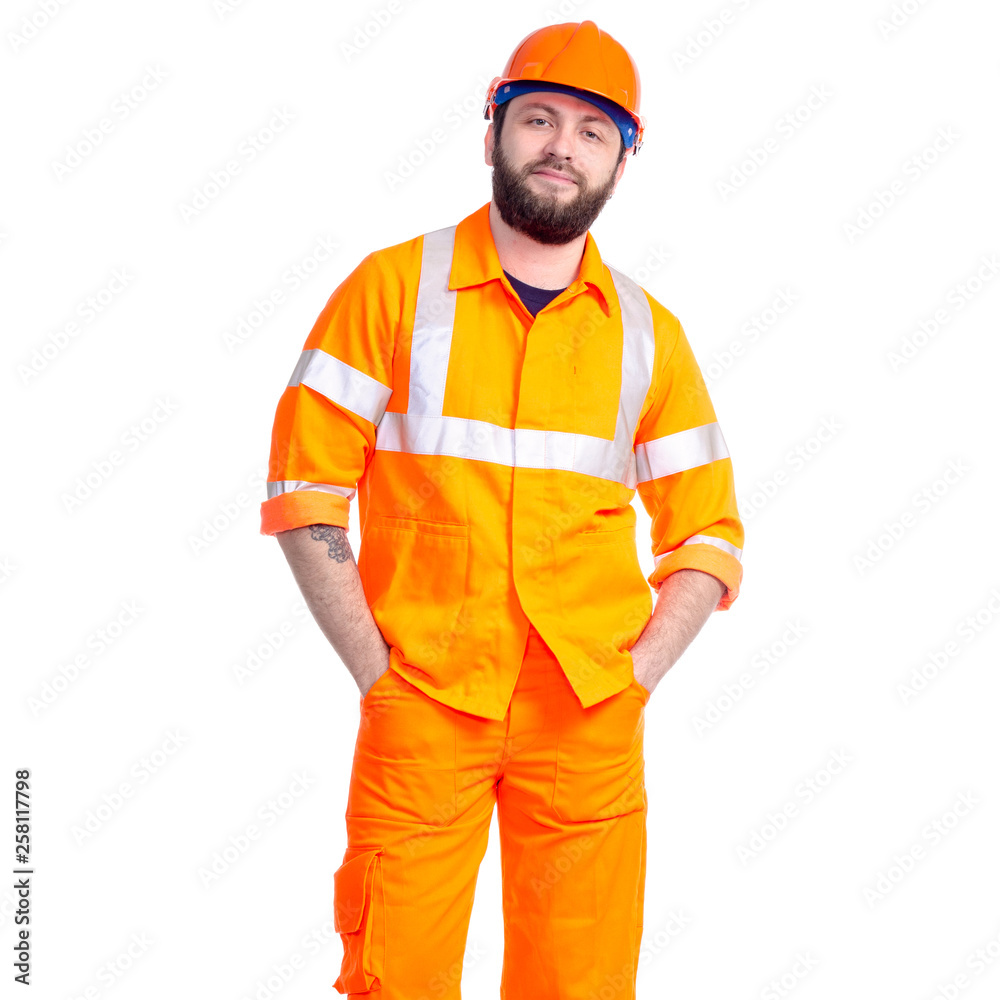 Man worker road constructor smiling looking on white background isolation Man worker road constructor smiling looking on white background isolation