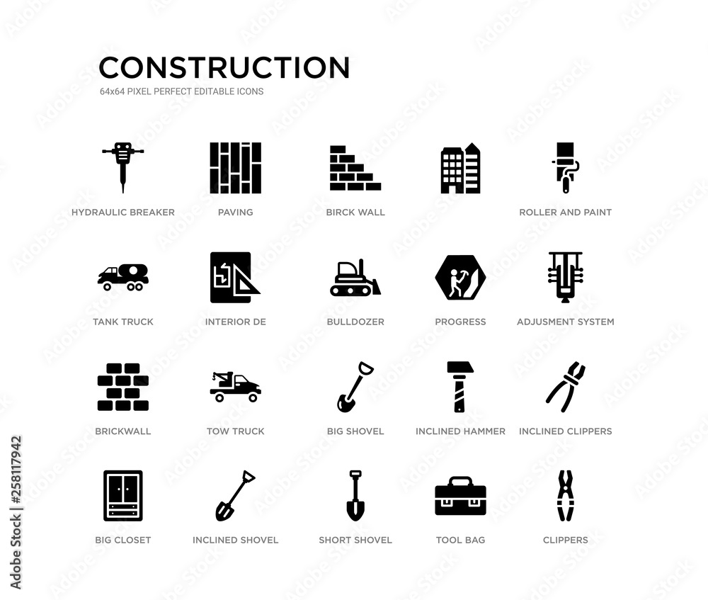 Fototapeta set of 20 black filled vector icons such as clippers, inclined clippers, adjusment system, roller and paint, tool bag, short shovel, tank truck, , birck wall, paving. construction black icons