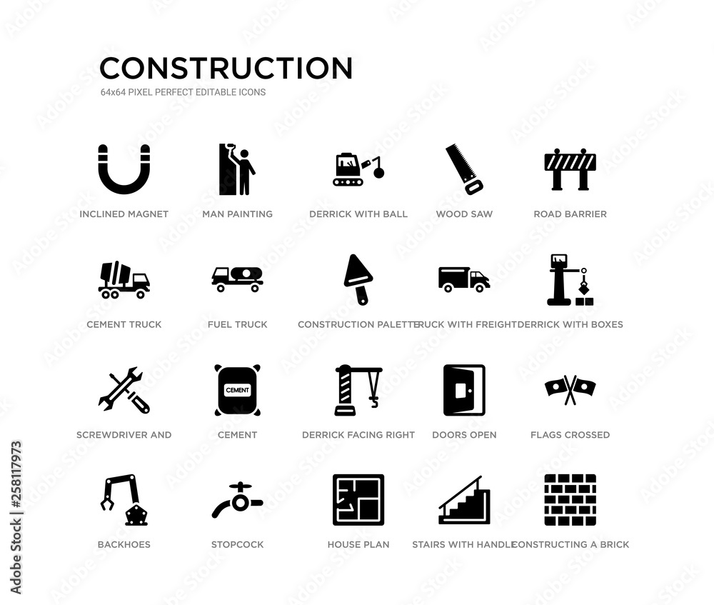 Fototapeta set of 20 black filled vector icons such as constructing a brick wall, flags crossed, derrick with boxes, road barrier, stairs with handle, house plan, cement truck, wood saw, derrick with ball, man