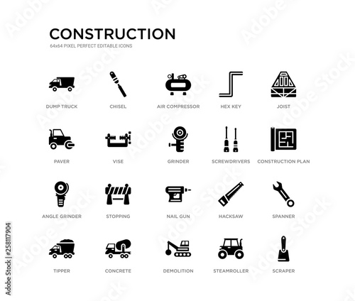 set of 20 black filled vector icons such as scraper, spanner, construction plan, joist, steamroller, demolition, paver, hex key, air compressor, chisel. construction black icons collection. editable