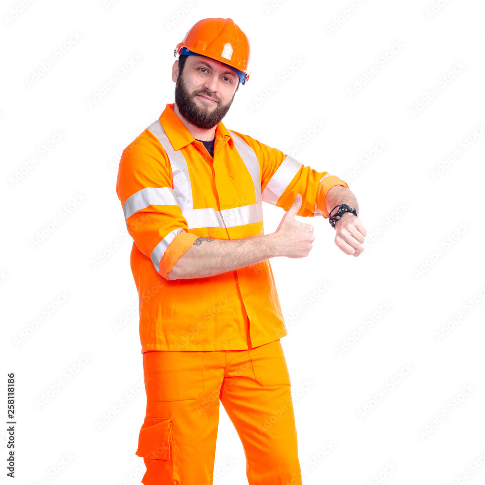 Man worker road constructor looking on watch, deadlines on white background isolation