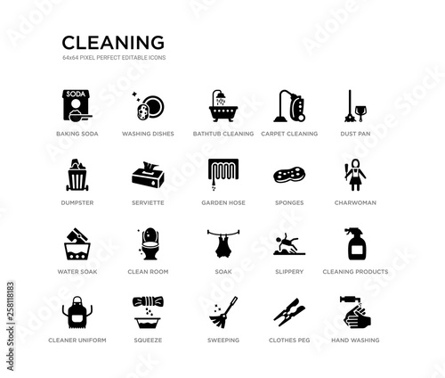 set of 20 black filled vector icons such as hand washing, cleaning products, charwoman, dust pan, clothes peg, sweeping, dumpster, carpet cleaning, bathtub cleaning, washing dishes. black icons