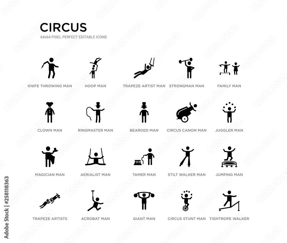 set of 20 black filled vector icons such as tightrope walker man, jumping man, juggler man, family circus stunt giant clown strongman trapeze artist hoop circus black icons collection. editable set of 20 black filled vector icons such as tightrope walker man, jumping man, juggler man, family circus stunt giant clown strongman trapeze artist hoop circus black icons collection. editable