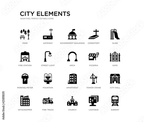 set of 20 black filled vector icons such as subway, city hall, gate, slide, lightbox, church, fire station, cementery, government buildings, gateway. city elements black icons collection. editable