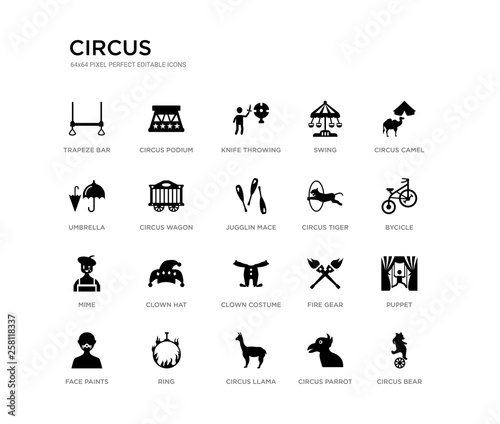 set of 20 black filled vector icons such as circus bear, puppet, bycicle, circus camel, circus parrot, llama, umbrella, swing, knife throwing, podium. black icons collection. editable pixel perfect