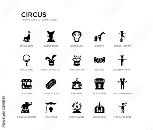 set of 20 black filled vector icons such as fire eater man, two headed man, clown with hat, circus monkey, circus tent, ferris wheel, circus ring, giraffe, lion, dress. black icons collection.