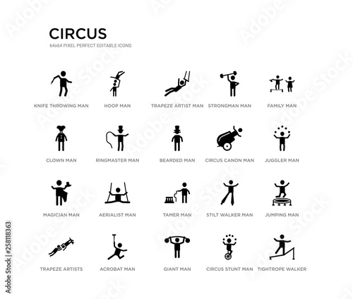 set of 20 black filled vector icons such as tightrope walker man, jumping man, juggler man, family circus stunt giant clown strongman trapeze artist hoop circus black icons collection. editable