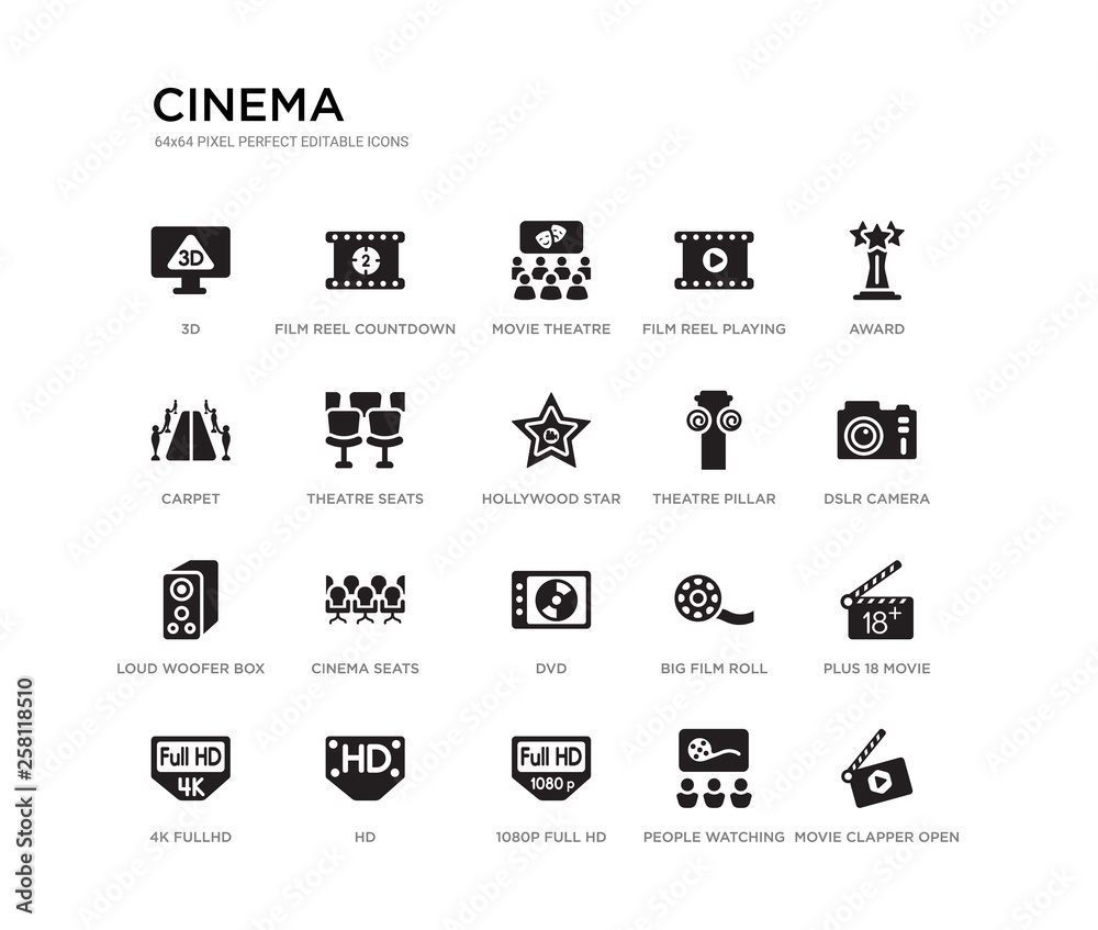 set of 20 black filled vector icons such as movie clapper open, plus 18 movie, dslr camera, award, people watching a movie, 1080p full hd, carpet, film reel playing, theatre, film reel countdown