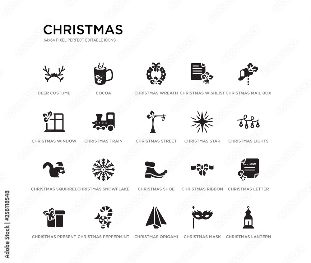 set of 20 black filled vector icons such as christmas lantern, christmas letter, christmas lights, mail box, mask, origami, window, wishlist, wreath, cocoa. black icons collection. editable pixel