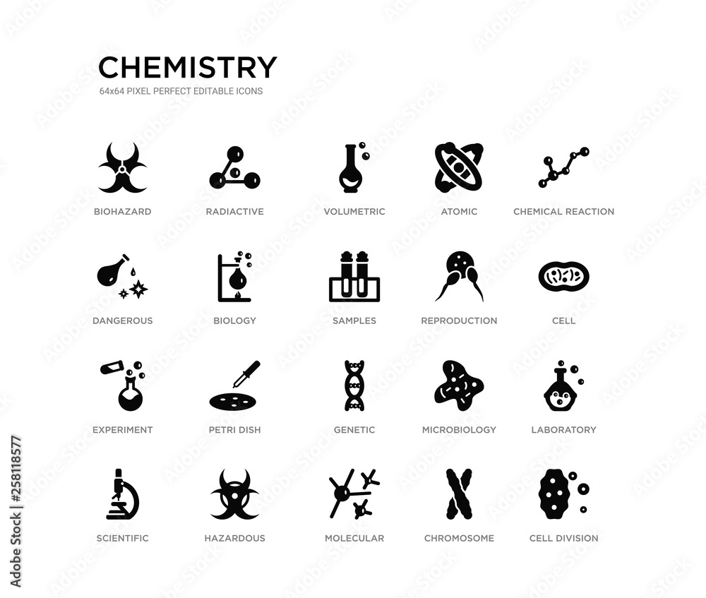set of 20 black filled vector icons such as cell division, laboratory, cell, chemical reaction, chromosome, molecular, dangerous, atomic, volumetric, radiactive. chemistry black icons collection.