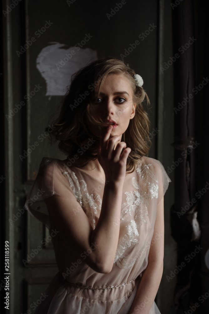 Young woman posing in a pink tender light long dress indoors Young woman posing in a pink tender light long dress indoors