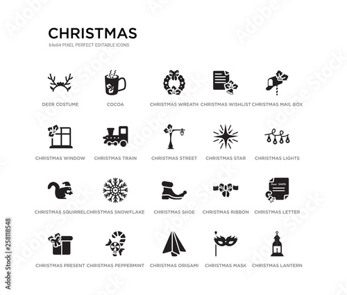 set of 20 black filled vector icons such as christmas lantern, christmas letter, christmas lights, mail box, mask, origami, window, wishlist, wreath, cocoa. black icons collection. editable pixel © Meth Mehr
