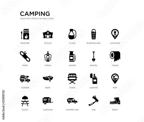 set of 20 black filled vector icons such as boot, map, tissue, location, axe, camper van, rope, sleeping bag, flask, outlet. camping black icons collection. editable pixel perfect