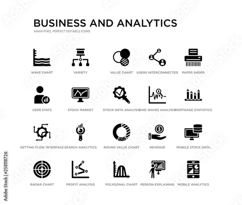 set of 20 black filled vector icons such as mobile analytics, mobile stock data, mortgage statistics, paper shder, person explaining strategy, polygonal chart, user stats, users interconnected,