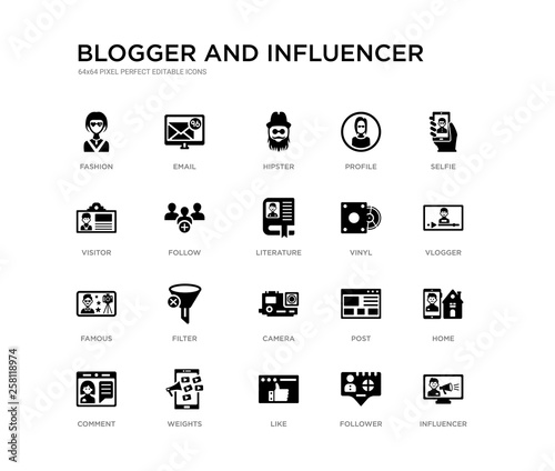 set of 20 black filled vector icons such as influencer, home, vlogger, selfie, follower, like, visitor, profile, hipster, email. blogger and influencer black icons collection. editable pixel perfect