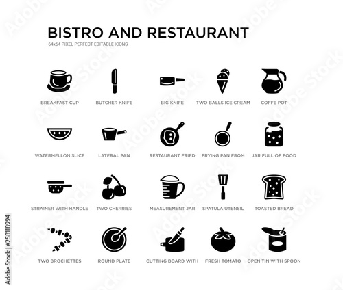 set of 20 black filled vector icons such as open tin with spoon  toasted bread  jar full of food  coffe pot  fresh tomato  cutting board with knife  watermellon slice  two balls ice cream cone  big
