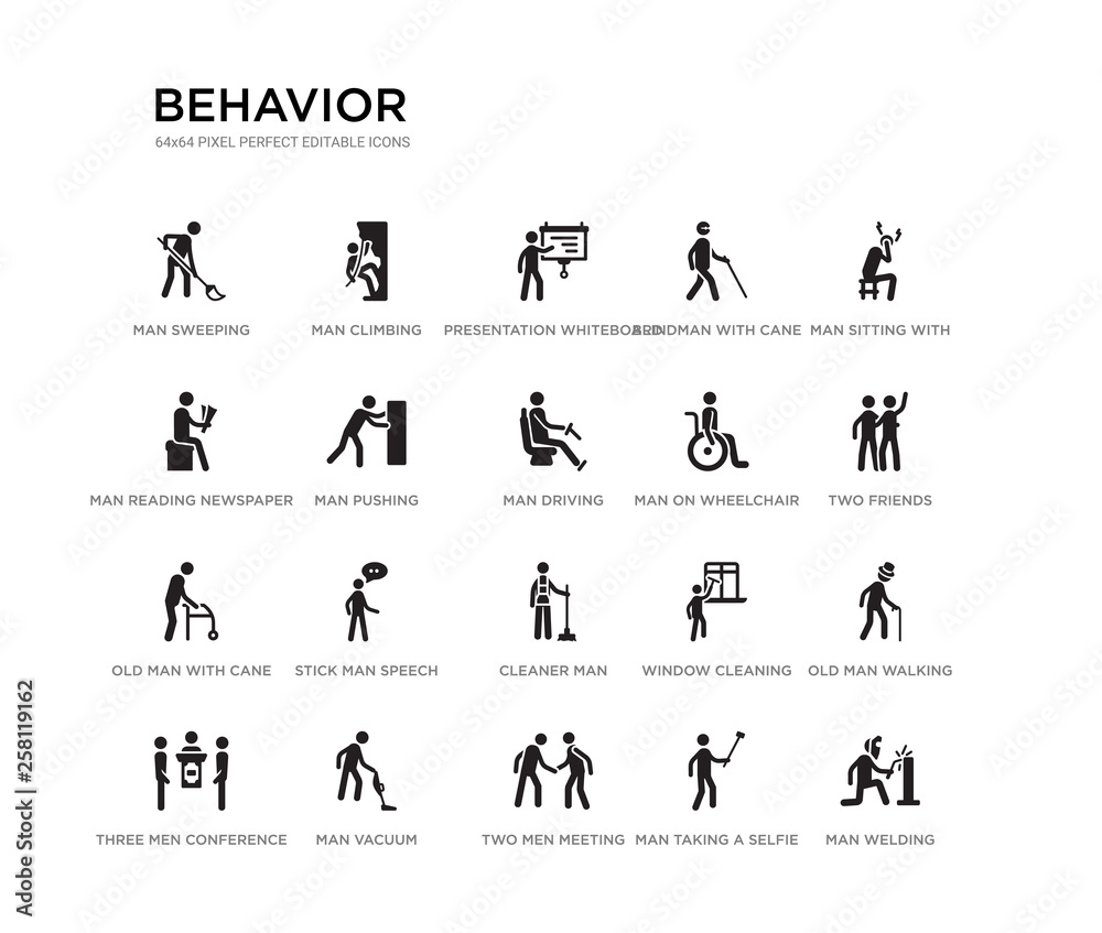 set of 20 black filled vector icons such as man welding, old man walking, two friends, man sitting with headache, taking a selfie, two men meeting, reading newspaper, blindman with cane,