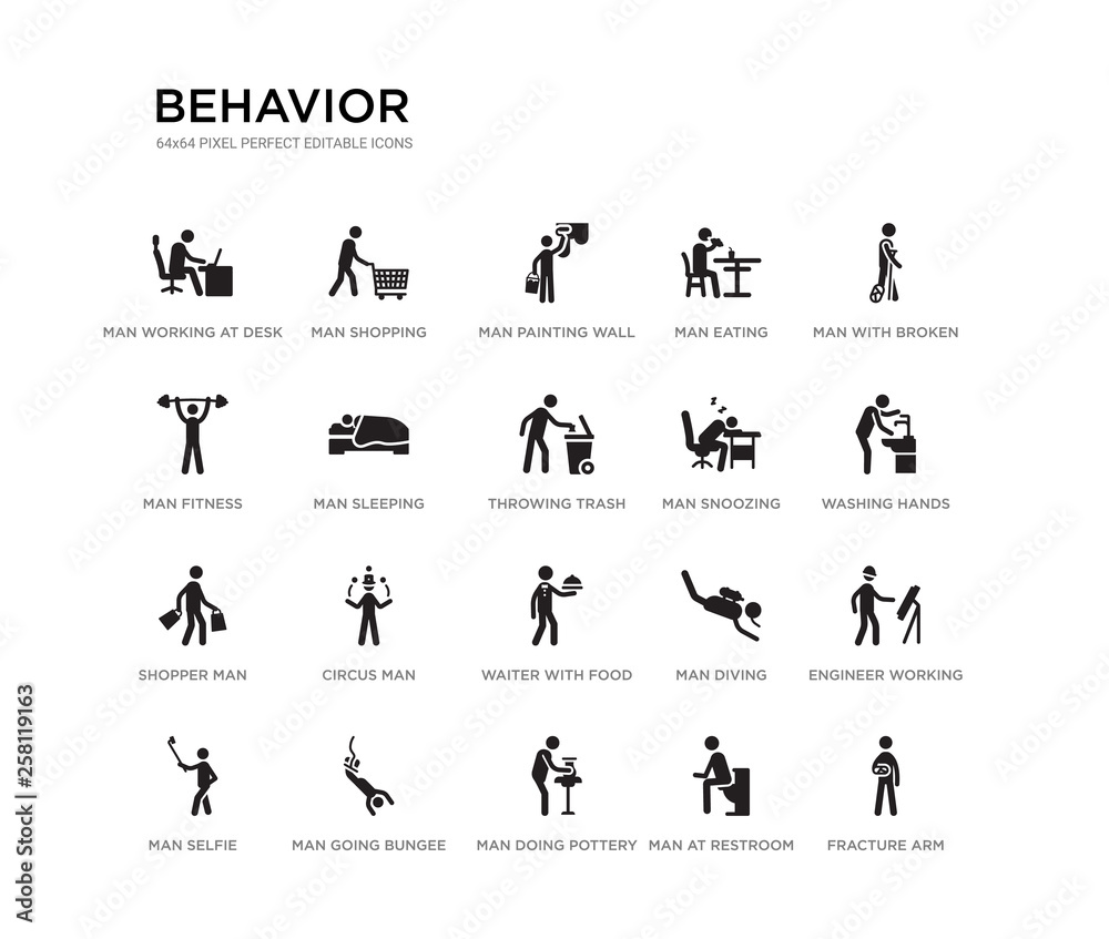 set of 20 black filled vector icons such as fracture arm, engineer working, washing hands, man with broken leg, man at restroom, man doing pottery, fitness, eating, painting wall, shopping. behavior