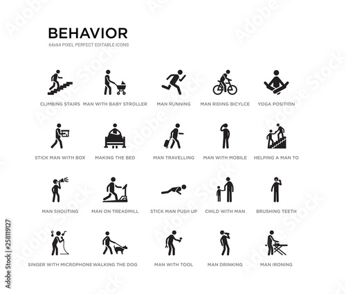 set of 20 black filled vector icons such as man ironing, brushing teeth, helping a man to climb, yoga position, man drinking, with tool, stick with box, riding bicylce, running, with baby stroller.