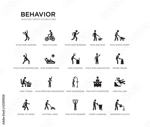 set of 20 black filled vector icons such as watering plants, man falling, prune hedge, man wirth carry, carry garbage, man with banner, stick excersicing, and dog, stick running, cycling. behavior