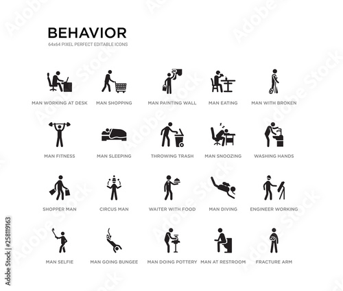 set of 20 black filled vector icons such as fracture arm, engineer working, washing hands, man with broken leg, man at restroom, man doing pottery, fitness, eating, painting wall, shopping. behavior © Meth Mehr