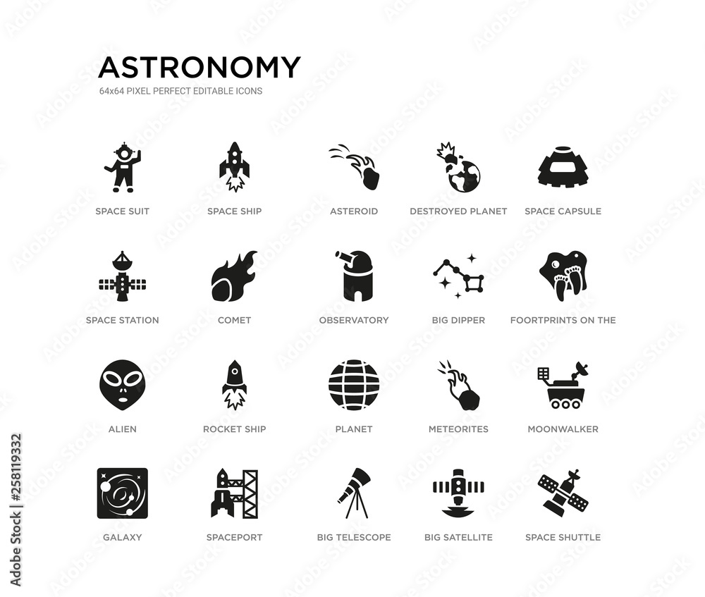 set of 20 black filled vector icons such as space shuttle, moonwalker, foortprints on the moon, space capsule, big satellite, big telescope, space station, destroyed planet, asteroid, ship.