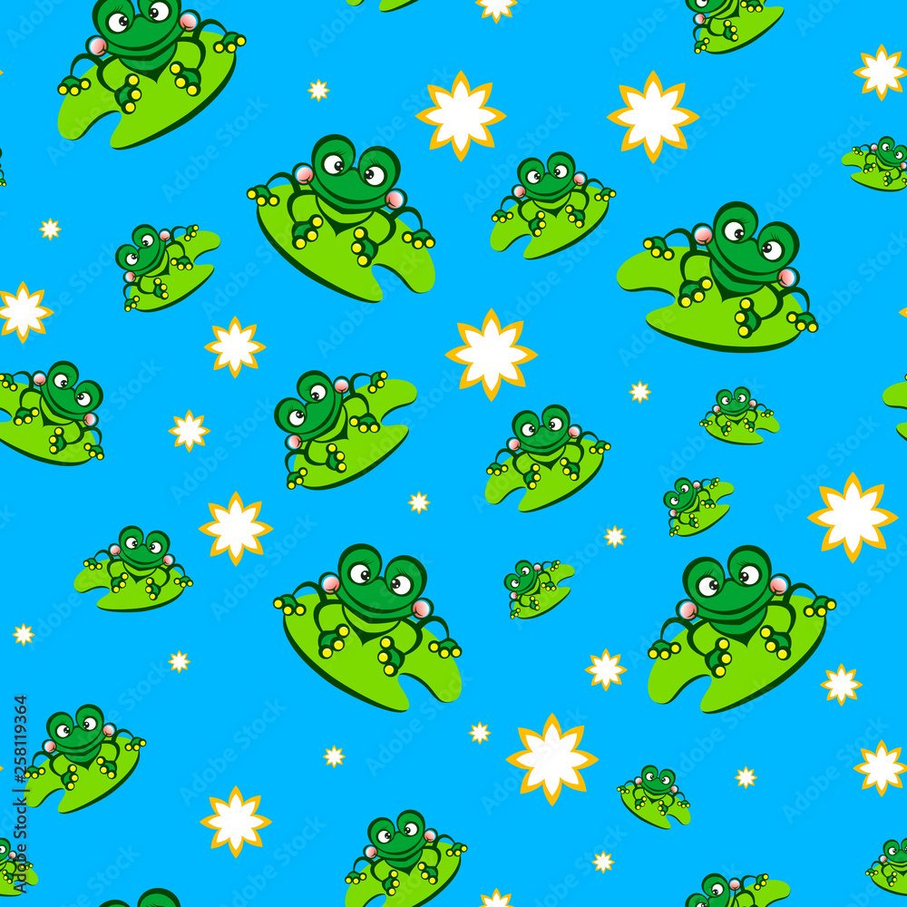 Obraz premium Seamless Pattern with Green Frog in Caricature Cartoon Style on the Green Leaf. Cute Cartoon Animals Background