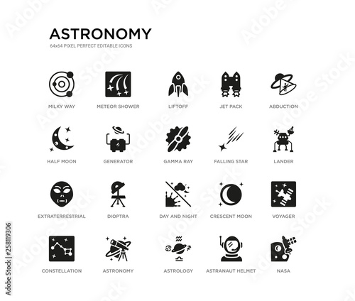 set of 20 black filled vector icons such as nasa, voyager, lander, abduction, astranaut helmet, astrology, half moon, jet pack, liftoff, meteor shower. astronomy black icons collection. editable