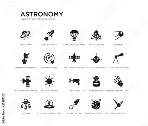 set of 20 black filled vector icons such as space module, meteorite falling, telescope pointing up, sputnik, venus with satellite, rocket flying, radar pointing up, space lander, capsule parachute, © Meth Mehr