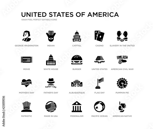 set of 20 black filled vector icons such as american native, pumpkin pie, american civil war, slavery in the united states, pacific ocean, federalism, movie, casino, capitol, indian. united states photo